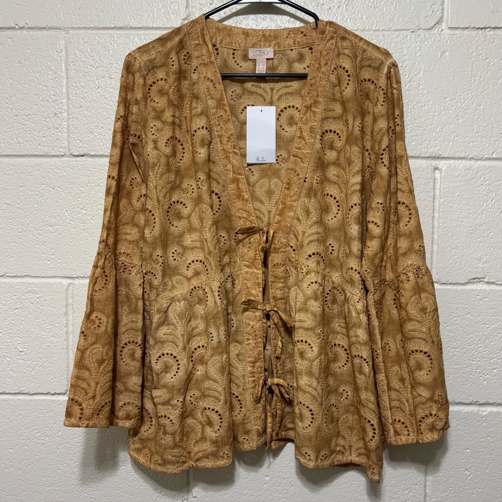 Logo Lavish Lori Goldstein Cardigan Women’s Large Eyelet Lace Tie Front Boho Top